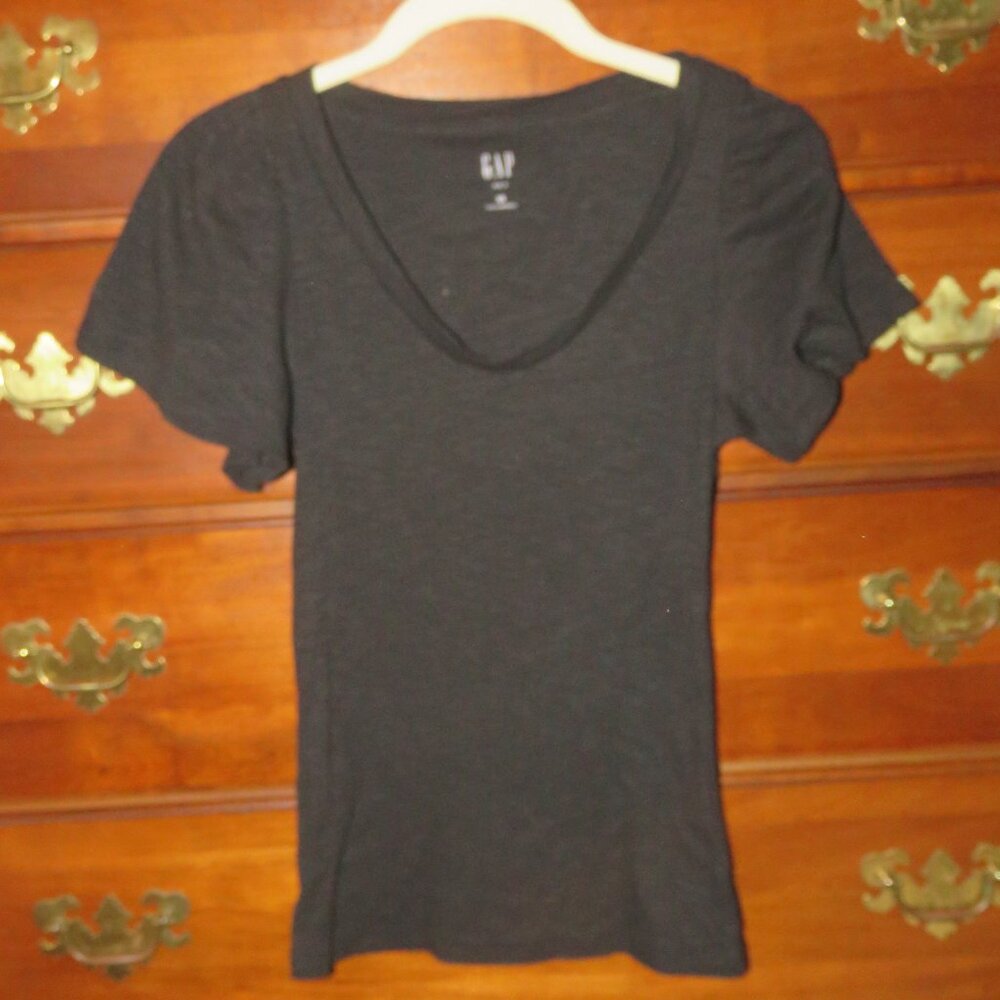 Gap Black Rib T Cap Sleeve Scoop Neck Cotton Rayon Blend Tee Shirt Top Size XS